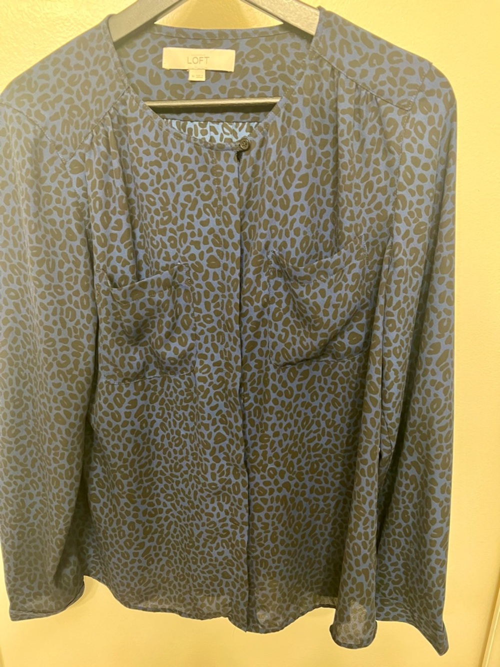 LOFT Navy and Black Leopard-Print Button Front Blouse